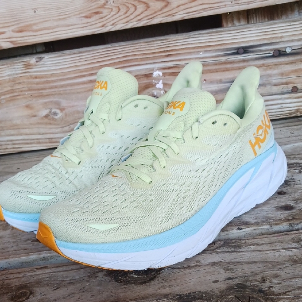 Hoka Clifton 8  Yellow and Blue Athletic Shoes with Signature Cushioning - Picture 10 of 15